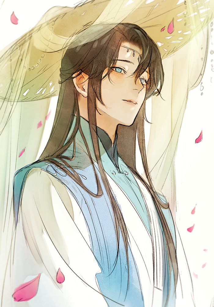 1boy, bishounen, blue_eyes, blue_hanfu, brown_hair, chinese_clothes, circlet, commentary