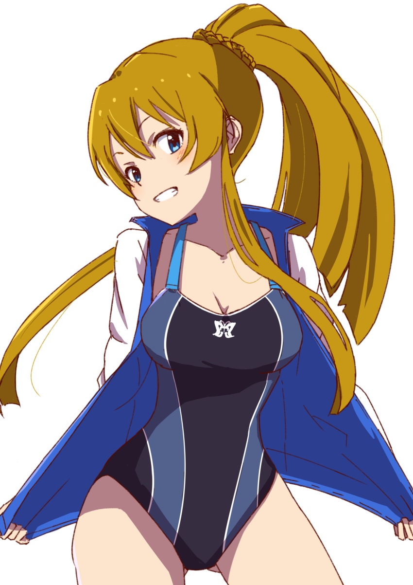 1girl, :d, absurdres, black_one-piece_swimsuit, blue_eyes, blue_jacket, blue_one-piece_swimsuit, blush