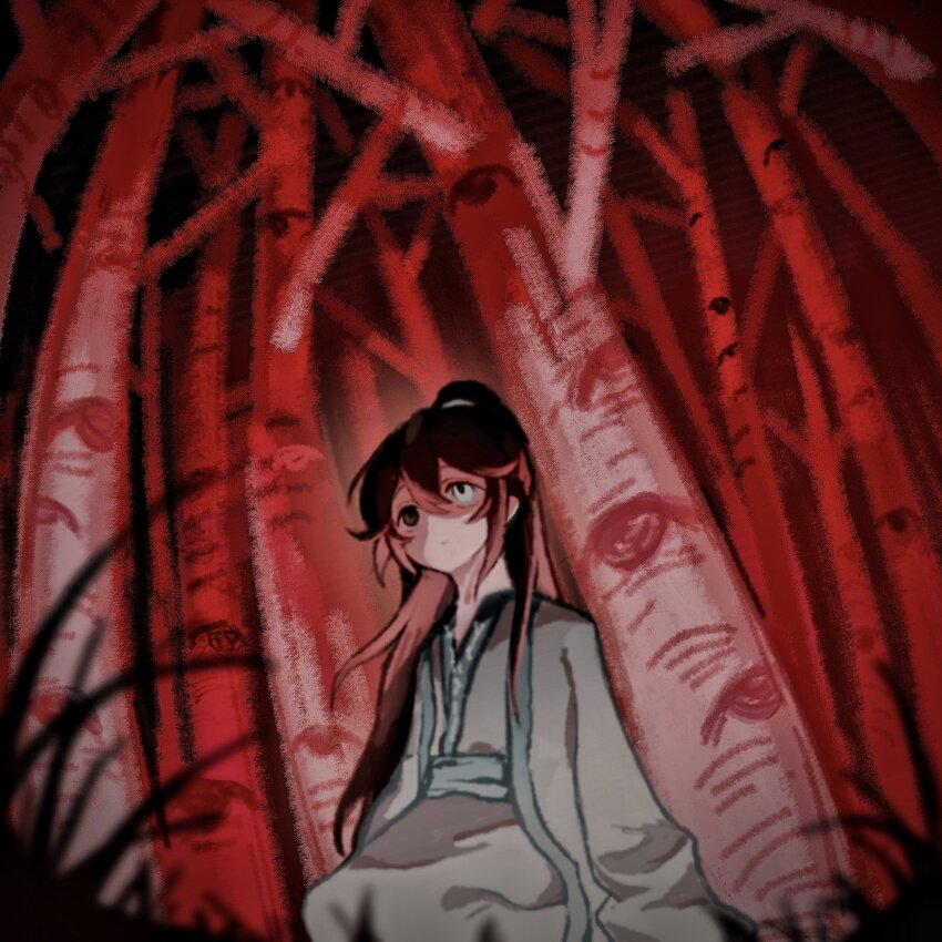 1boy, aged_down, birch_tree, black_eyes, black_hair, blank_stare, blue_eyes, blue_trim, chinese_clothes, chinese_commentary, commentary_request, eye_print, forest, from_below, grass, hair_between_eyes, hair_over_shoulder, hanfu, heterochromia, high_ponytail, highres, hong_lu_(project_moon), horror_(theme), jcm20040808, limbus_company, long_hair, male_focus, nature, official_alternate_costume, ponytail, project_moon, seiza, short_hair, sitting, solo, too_many_eyes, tree, very_long_hair, white_hanfu