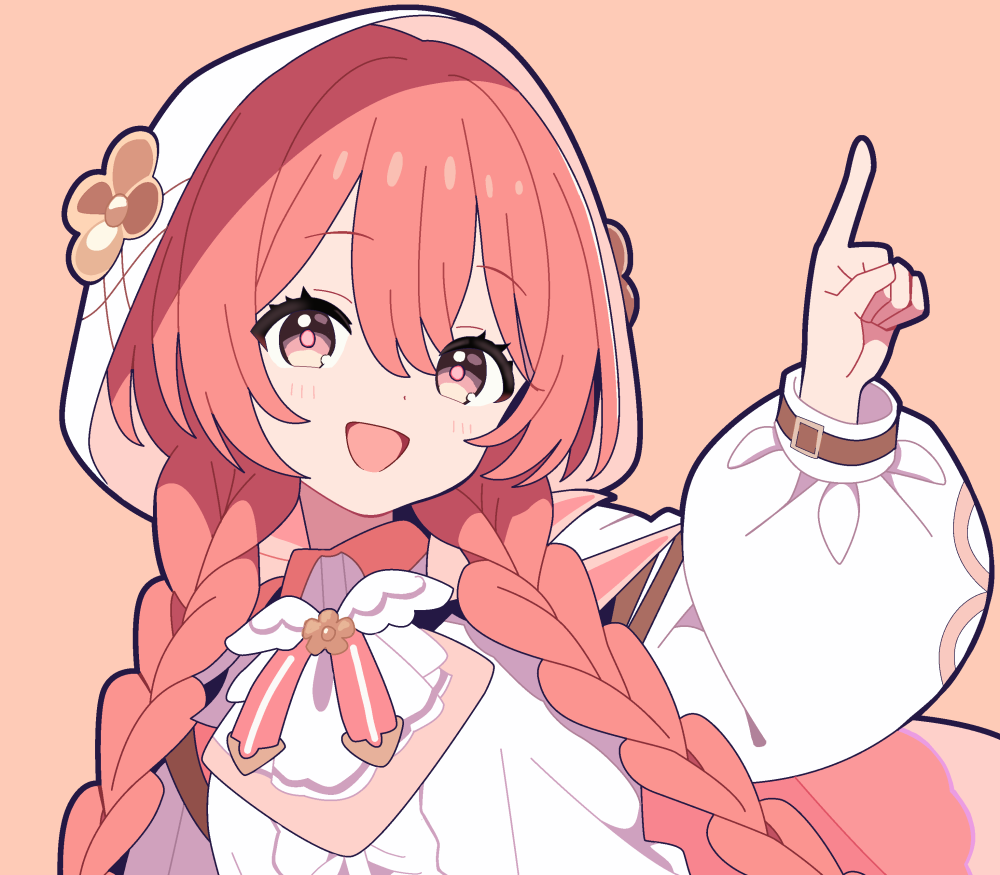 1girl, amayui_moka, arm_up, ascot, braid, double-parted_bangs, flower_ornament, hair_between_eyes