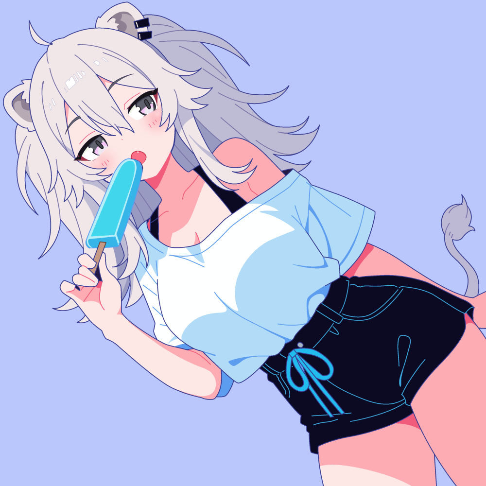 1girl, ahoge, animal_ears, black_shorts, blue_background, blush, bra_strap, breasts