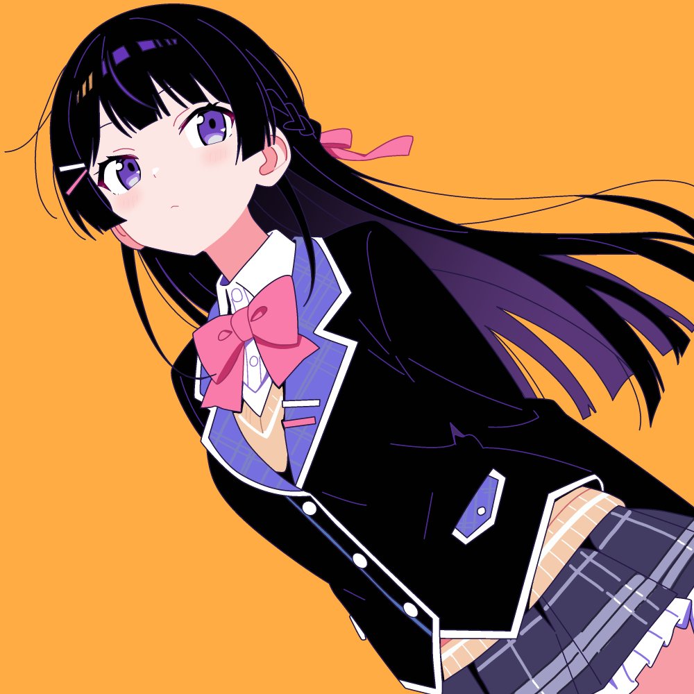 1girl, arms_behind_back, black_hair, black_jacket, blazer, blush, bow, bowtie
