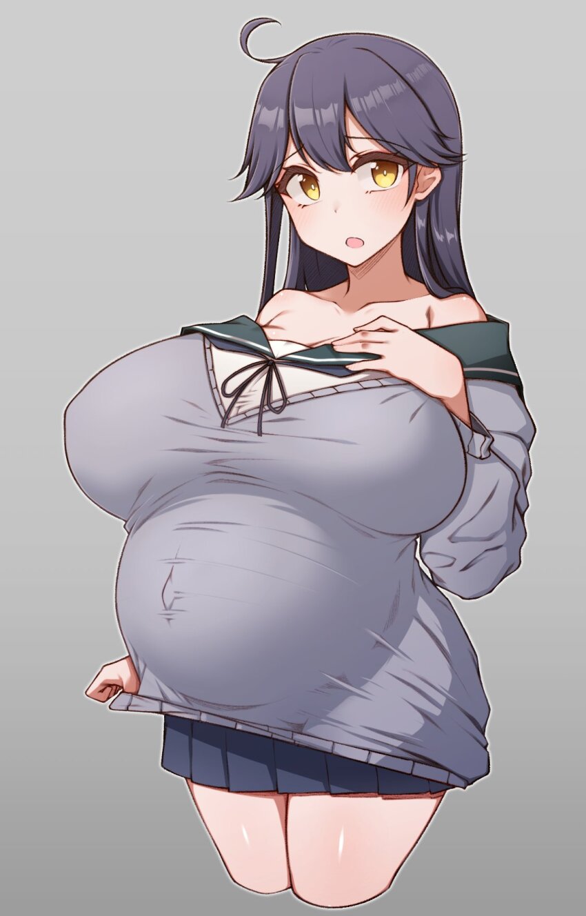 ahoge, alternate_breast_size_(larger), alternate_costume, black_hair, blue_sailor_collar, blue_skirt, breasts, cardigan