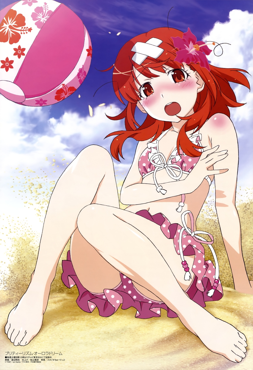 1girl, absurdres, ball, barefoot, beachball, bikini, cloud, day