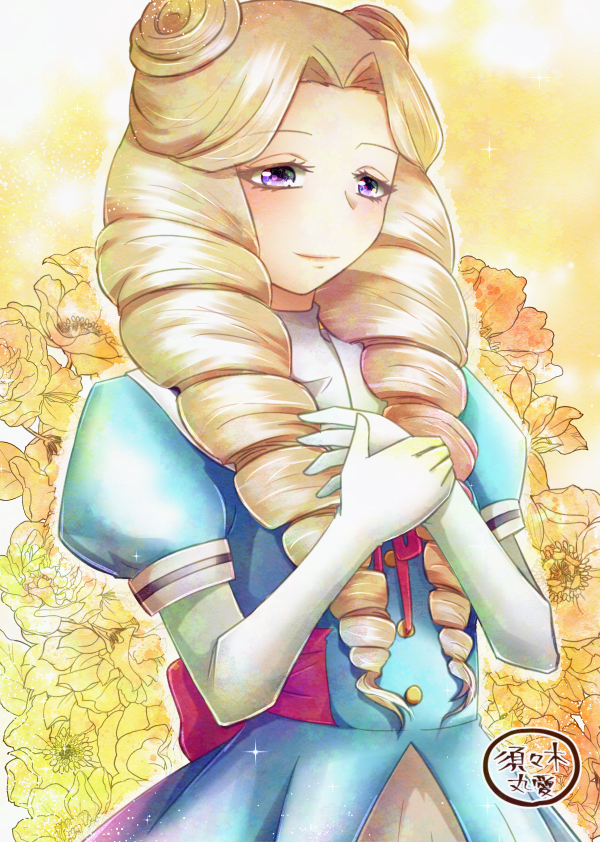 1girl, aqua_dress, back_ribbon, blonde_hair, commentary_request, dress, drill_hair, elbow_gloves