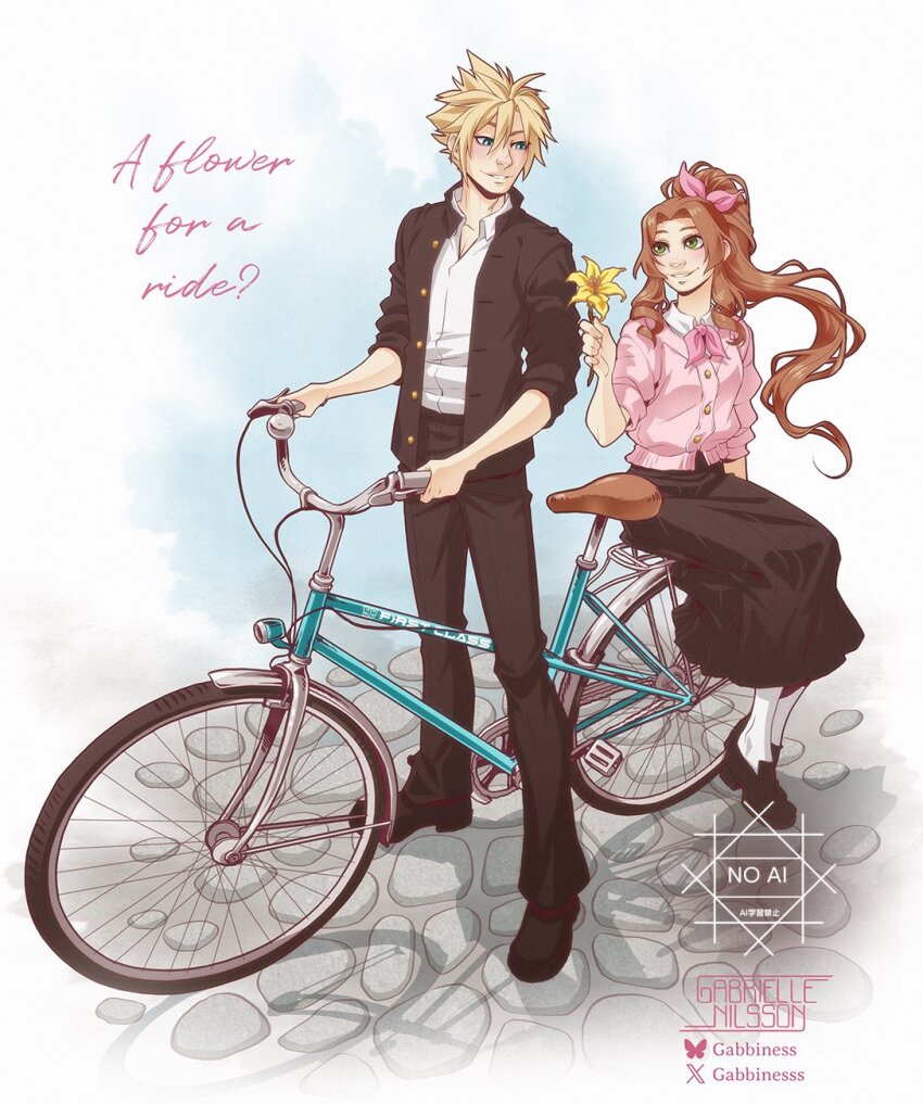 aerith_gainsborough, alternate_costume, aqua_eyes, artist_name, bicycle, black_jacket, black_pants, black_shoes