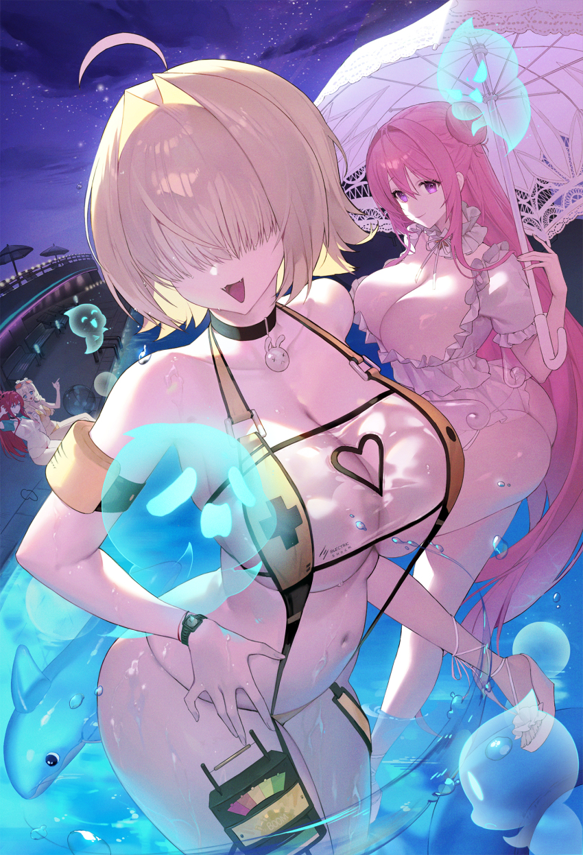 2girls, ahoge, ass, blonde_hair, blush, breasts, closed_mouth, dambang