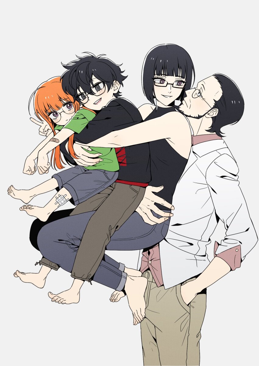 2boys, 2girls, aged_down, amamiya_ren, barefoot, black_hair, black_shirt, blue_pants