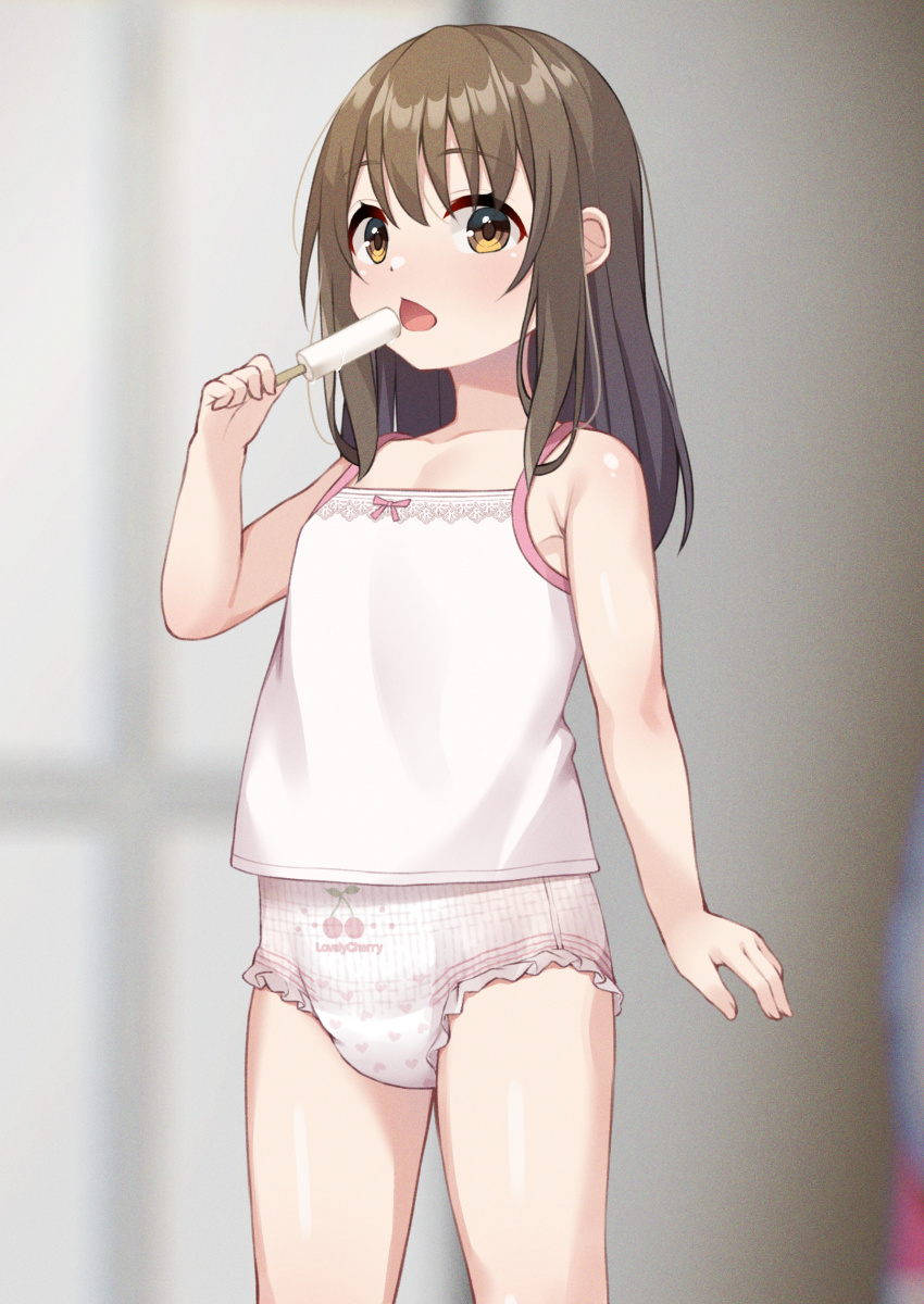 1girl, arm_at_side, armpit_crease, bow_camisole, brown_eyes, brown_hair, camisole, cherry_print, collarbone, commentary_request, cowboy_shot, diaper, film_grain, food, food_print, fruit_print, hand_up, heart, heart_print, highres, holding, holding_food, holding_popsicle, imminent_eating, loli, long_hair, looking_at_viewer, no_pants, open_mouth, original, popsicle, print_diaper, solo, standing, straight_hair, white_camisole, win_opz, wispy_bangs