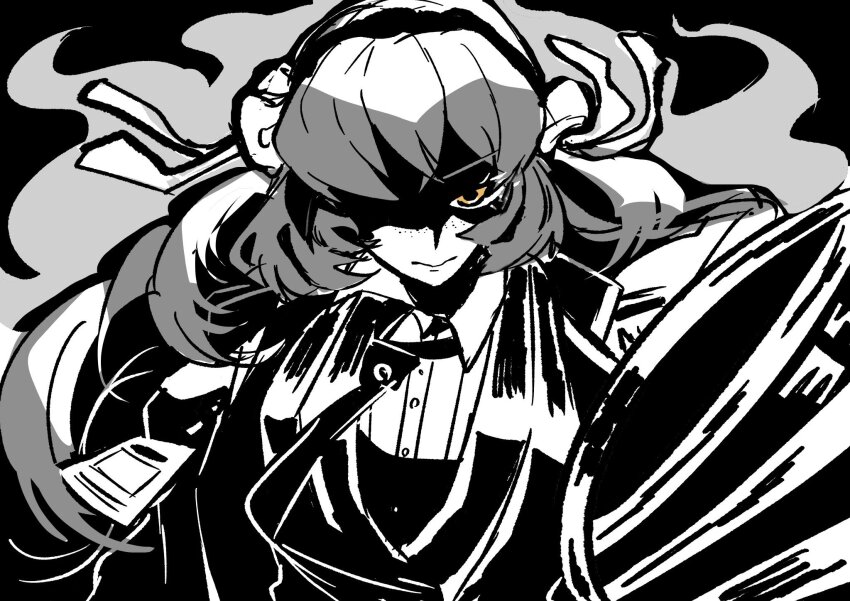 1girl, 3nu13nu1, black_background, bow, collared_shirt, freckles, hair_bow, highres