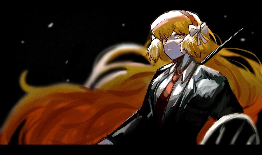 1girl, 3nu13nu1, black_background, black_coat, bow, brown_hairband, coat, collared_shirt