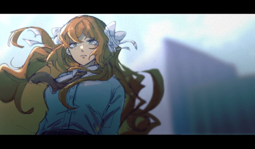 1girl, 3nu13nu1, black_border, blurry, blurry_background, border, bow, collared_shirt