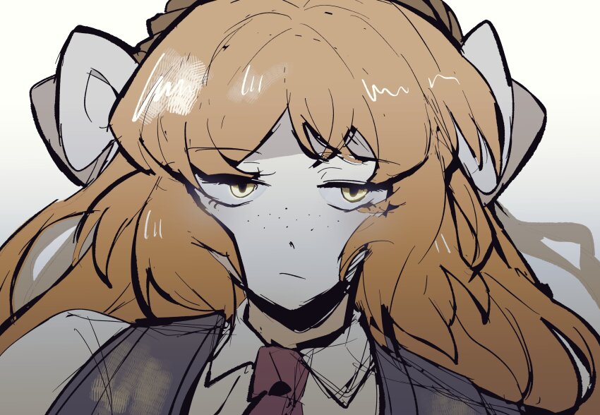 1girl, 3nu13nu1, absurdres, black_vest, bow, brown_headband, collared_shirt, freckles, hair_bow, headband, highres, ishmael_(project_moon), limbus_company, long_hair, looking_at_viewer, necktie, orange_hair, project_moon, red_necktie, shirt, simple_background, solo, upper_body, vest, white_background, white_bow, white_shirt, yellow_eyes