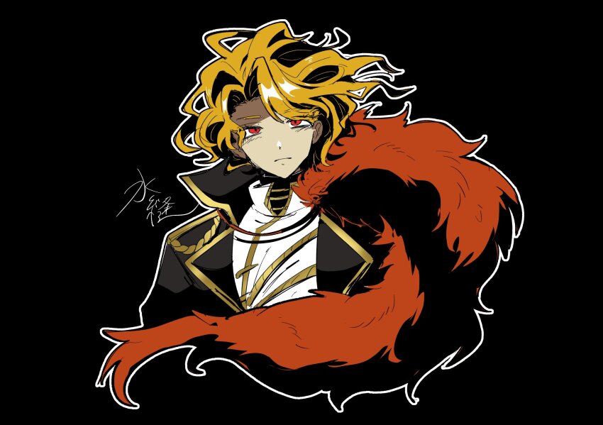 1girl, 3nu13nu1, black_background, black_coat, blonde_hair, closed_mouth, coat, collared_shirt