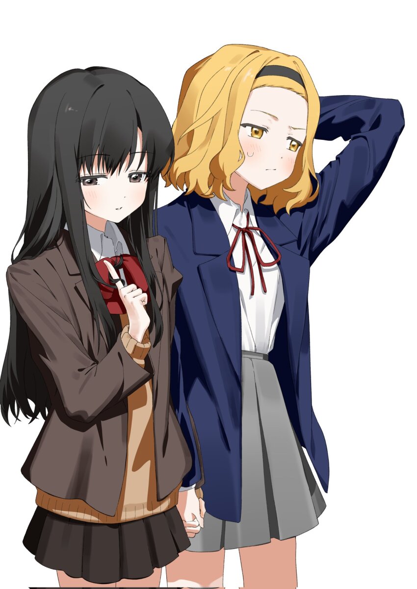 2girls, aged_up, averting_eyes, black_hair, blonde_hair, blush, brown_eyes, closed_mouth