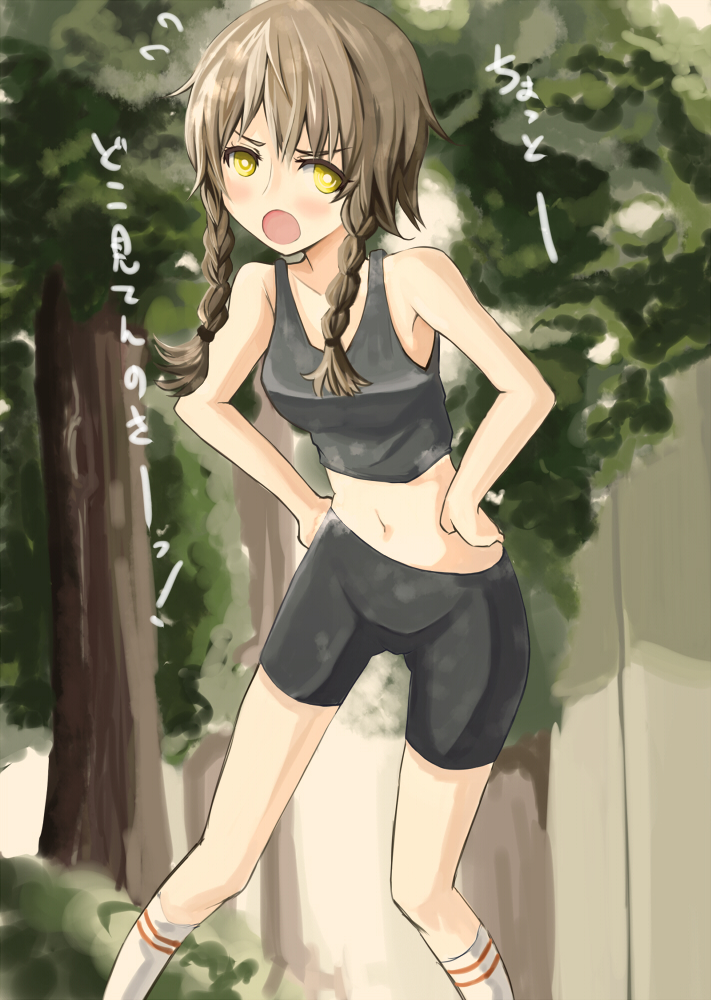 1girl, amane_suzuha, bare_shoulders, bike_shorts, blush, braid, brown_hair, crop_top, darkside, female_focus, hands_on_own_hips, midriff, navel, open_mouth, science_adventure, socks, solo, steins;gate, translated, twin_braids, yellow_eyes