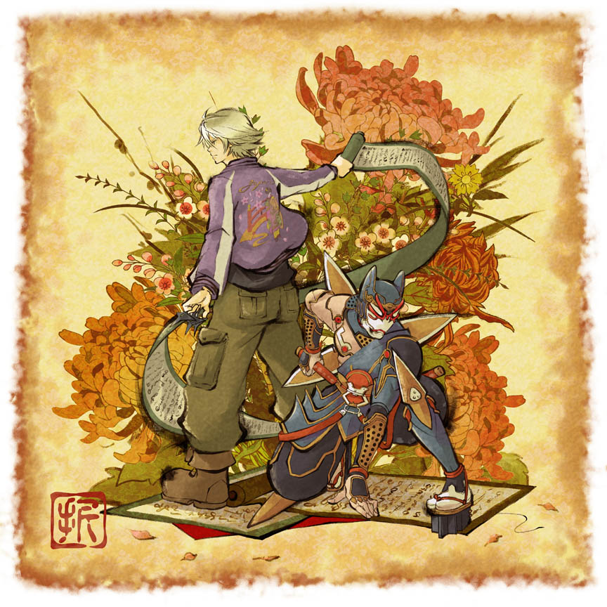 10s, 2boys, armor, blonde_hair, boots, chrysanthemum, dual_persona, flower