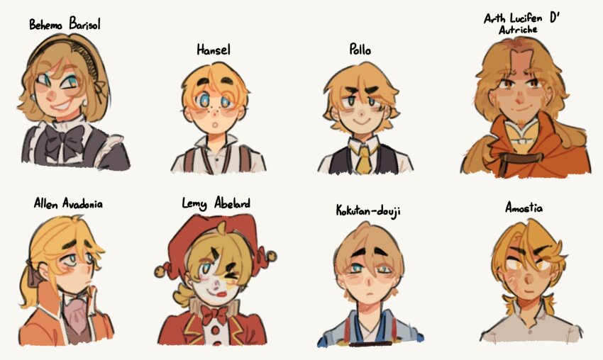 6+boys, aku_no_meshitsukai_(vocaloid), akujiki_musume_conchita_(vocaloid), allen_avadonia, apron, aqua_eyes, arth_lucifen_d'autriche, ascot