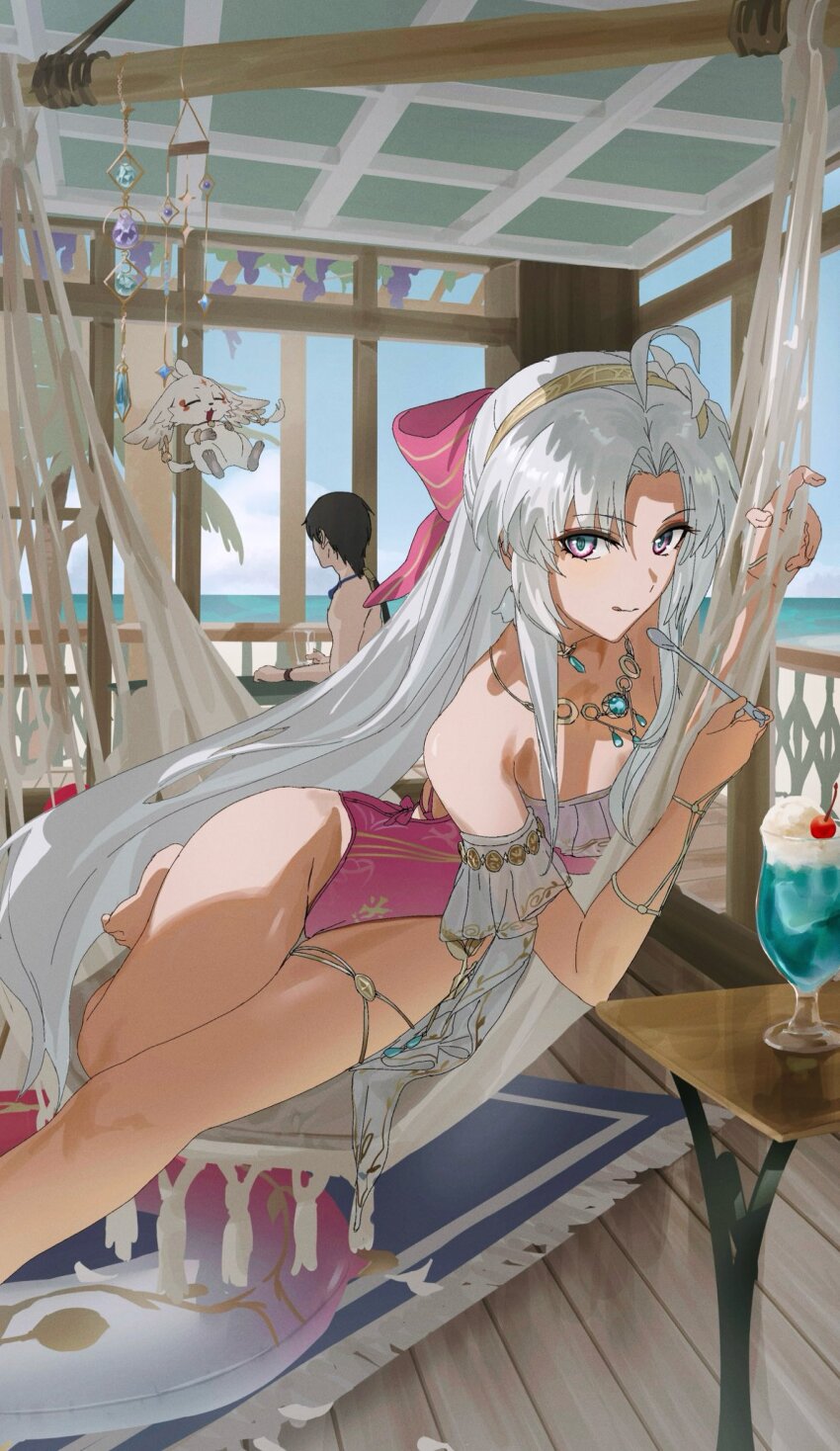 1boy, 1girl, abby_(wuthering_waves), ahoge, aqua_eyes, bare_shoulders, blue_sky, bow