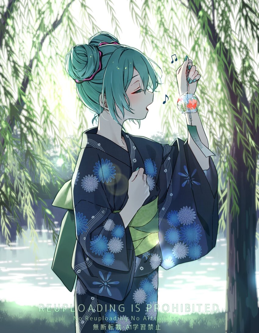 1girl, alternate_hair_length_(shorter), alternate_hairstyle, blue_hair, blue_kimono, blush, closed_eyes, commentary