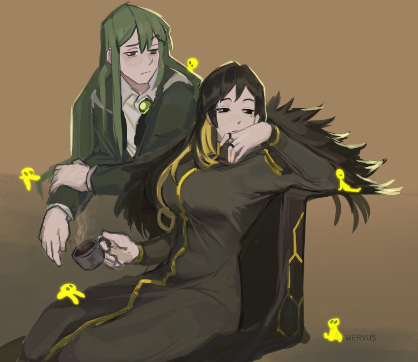 1boy, 1girl, binah_(project_moon), black_cape, black_dress, black_eyes, black_hair, blonde_hair, brown_background, brown_eyes, cape, closed_mouth, collared_shirt, colored_inner_hair, cup, dress, earrings, floor_of_art's_glowing_creature, fur-trimmed_cape, fur_trim, green_hair, green_necktie, hexagon_print, highres, jewelry, library_of_ruina, long_hair, long_sleeves, looking_at_viewer, mole, mole_under_eye, multicolored_hair, necktie, netzach_(project_moon), project_moon, ring, shirt, simple_background, sitting, teacup, upper_body, wervus, white_shirt