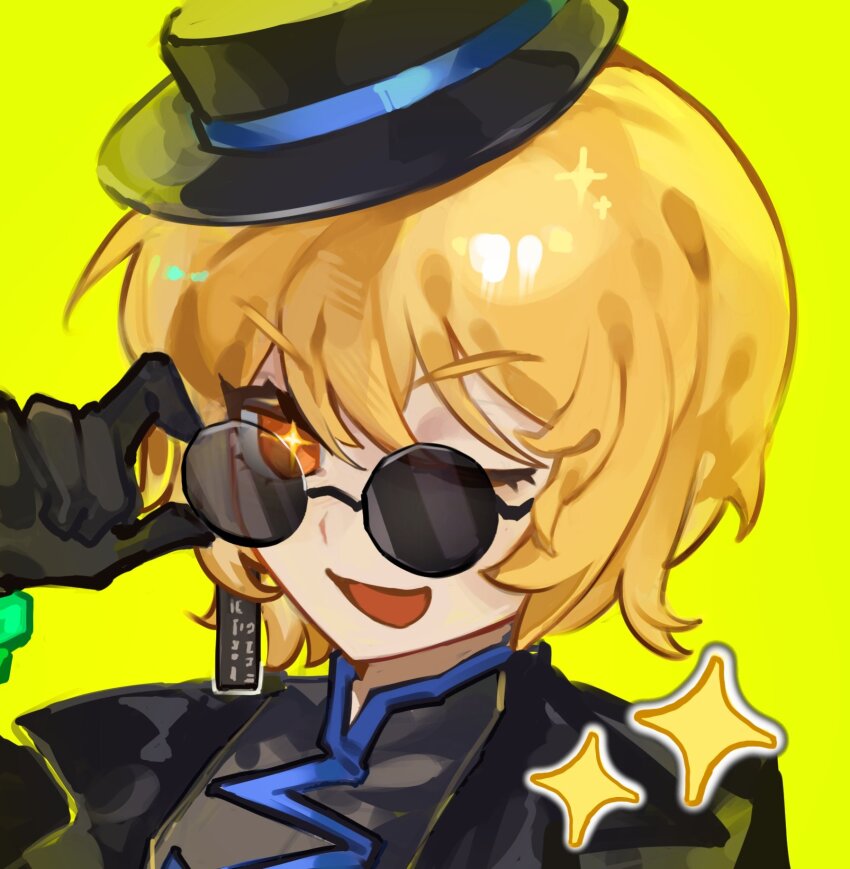 1girl, black_coat, black_dress, black_gloves, black_hat, blonde_hair, china_dress, chinese_clothes, cinq_association_east_uniform, coat, coat_on_shoulders, don_quixote_(project_moon), dress, earrings, gloves, green_background, hat, highres, jewelry, limbus_company, looking_at_viewer, ofuda_earrings, one_eye_closed, project_moon, roier, round_eyewear, short_hair, simple_background, single_earring, solo, sparkle, sunglasses, tilted_headwear, upper_body, yellow_eyes