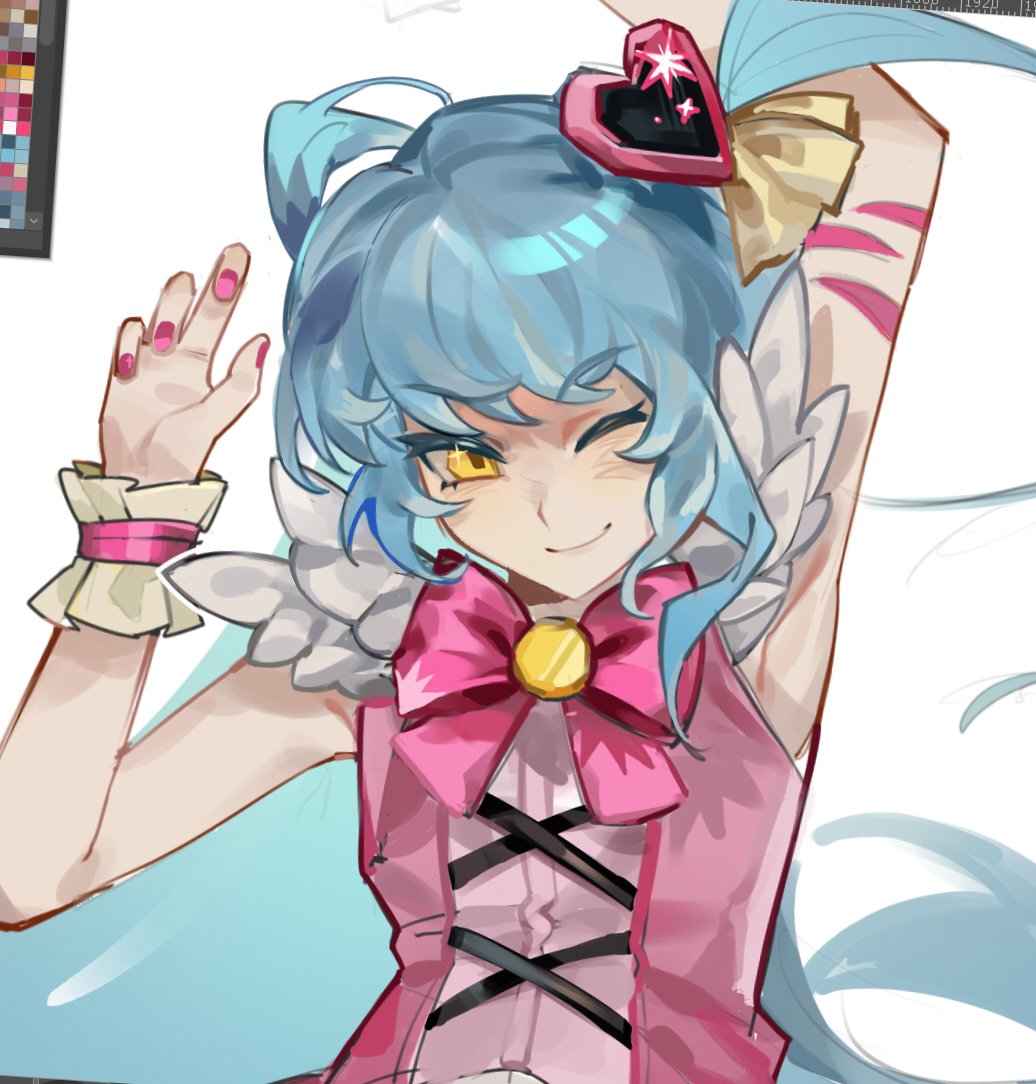 1girl, armpits, art_program_in_frame, blue_hair, bow, bowtie, hair_ornament, heart