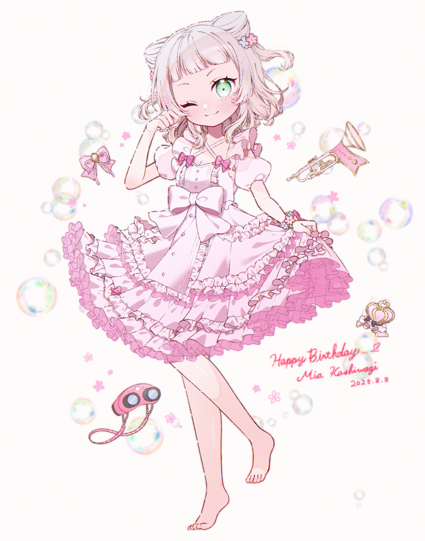 1girl, absurdres, barefoot, blush, bow, closed_mouth, double_bun, dress