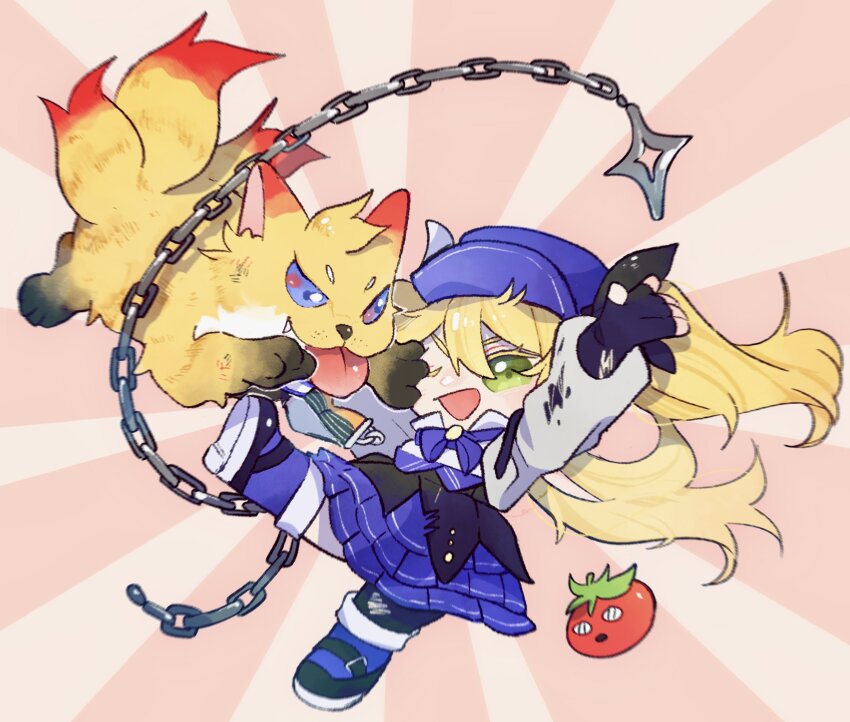 animalization, axel_syrios, blonde_hair, blue_dress, blue_eyes, blue_hat, blue_shoes, chain