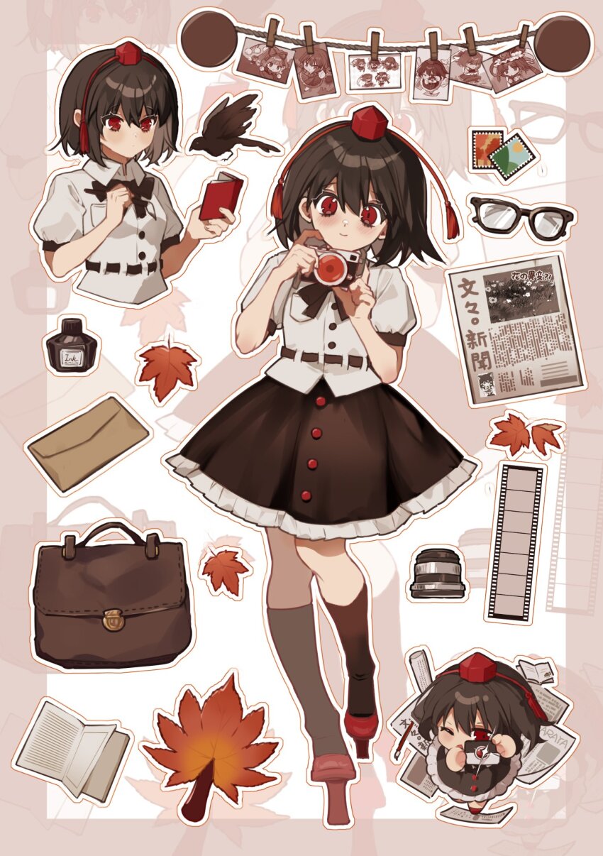 1girl, bag, bird, black_bird, black_bow, black_bowtie, black_hair, black_shirt