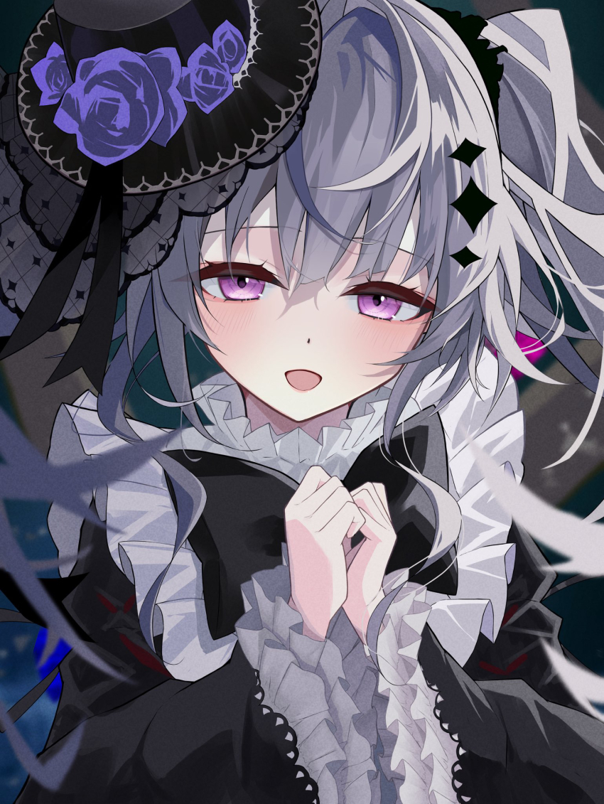 1girl, acid_(maimai), black_bow, black_bowtie, black_dress, black_hat, blurry, blurry_background