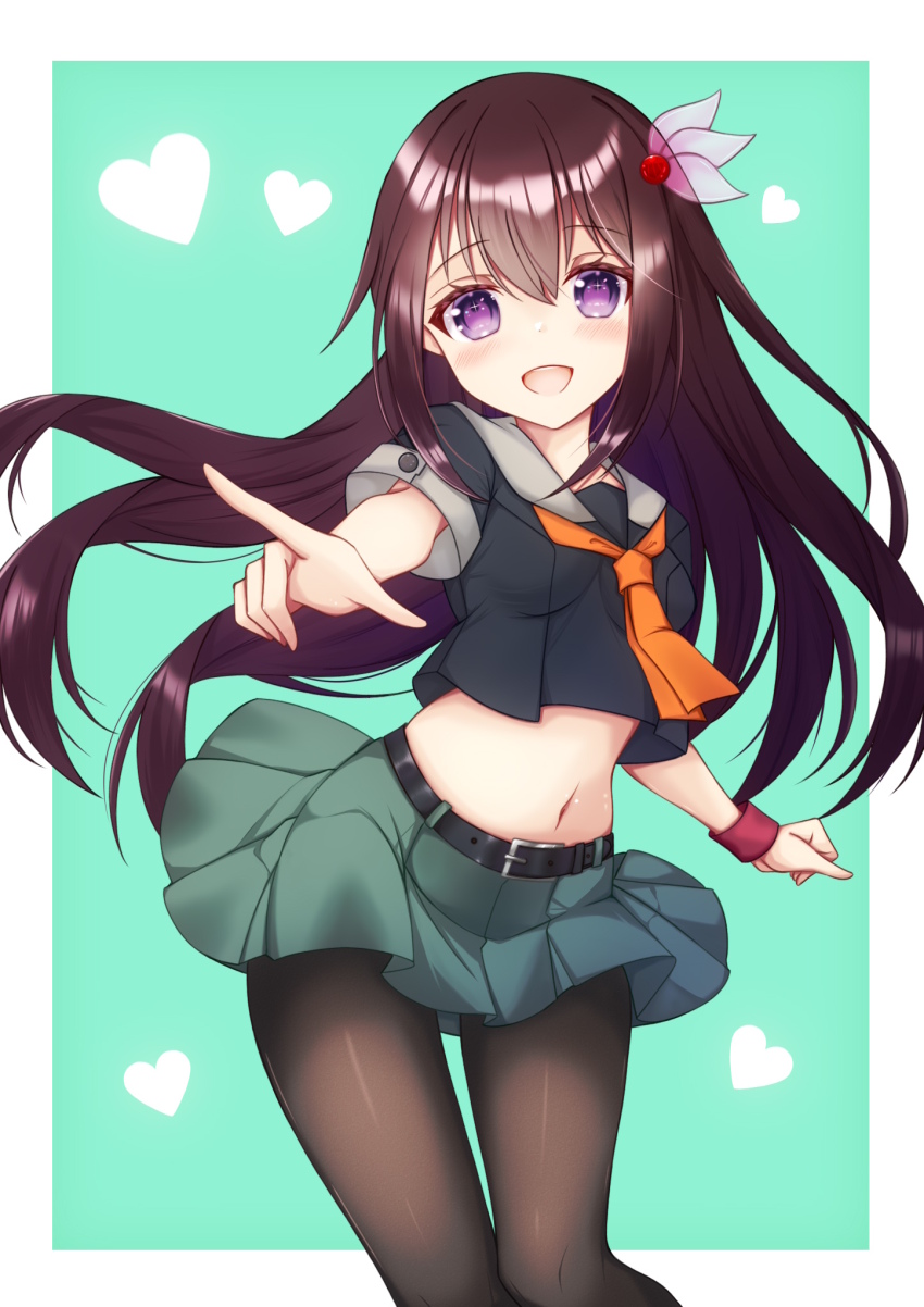 1girl, belt, black_pantyhose, brown_hair, cosplay, cvtm, green_background, green_skirt