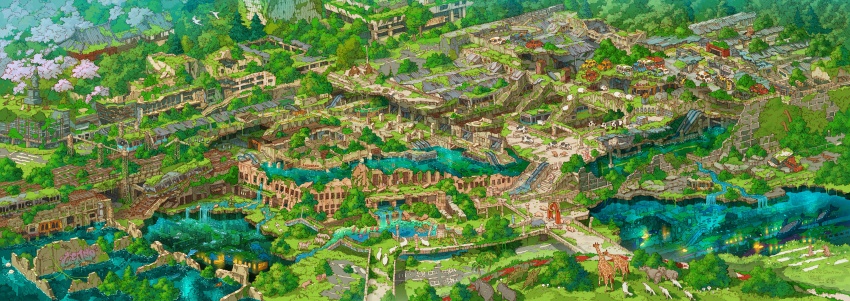 2boys, 6+others, abandoned, absurdly_detailed_composition, absurdres, architecture, artist_name, bear