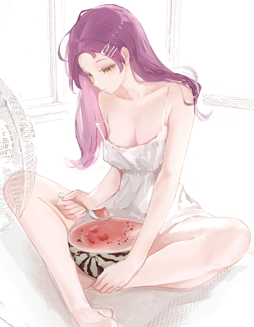 1girl, absurdres, aisha_greyrat, bare_shoulders, barefoot, breasts, camisole, cleavage