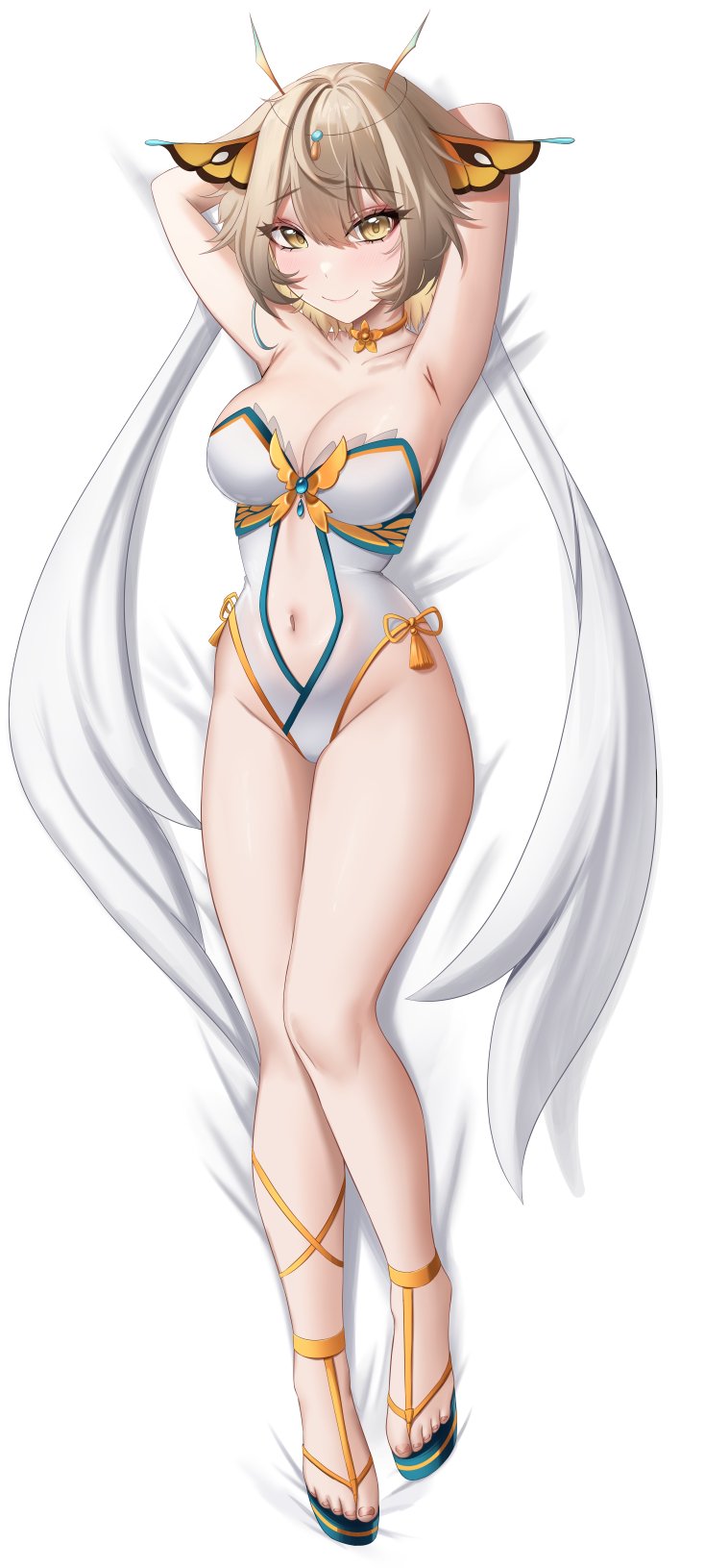 1girl, armpits, arms_behind_head, breasts, cleavage, closed_mouth, clothing_cutout, collarbone