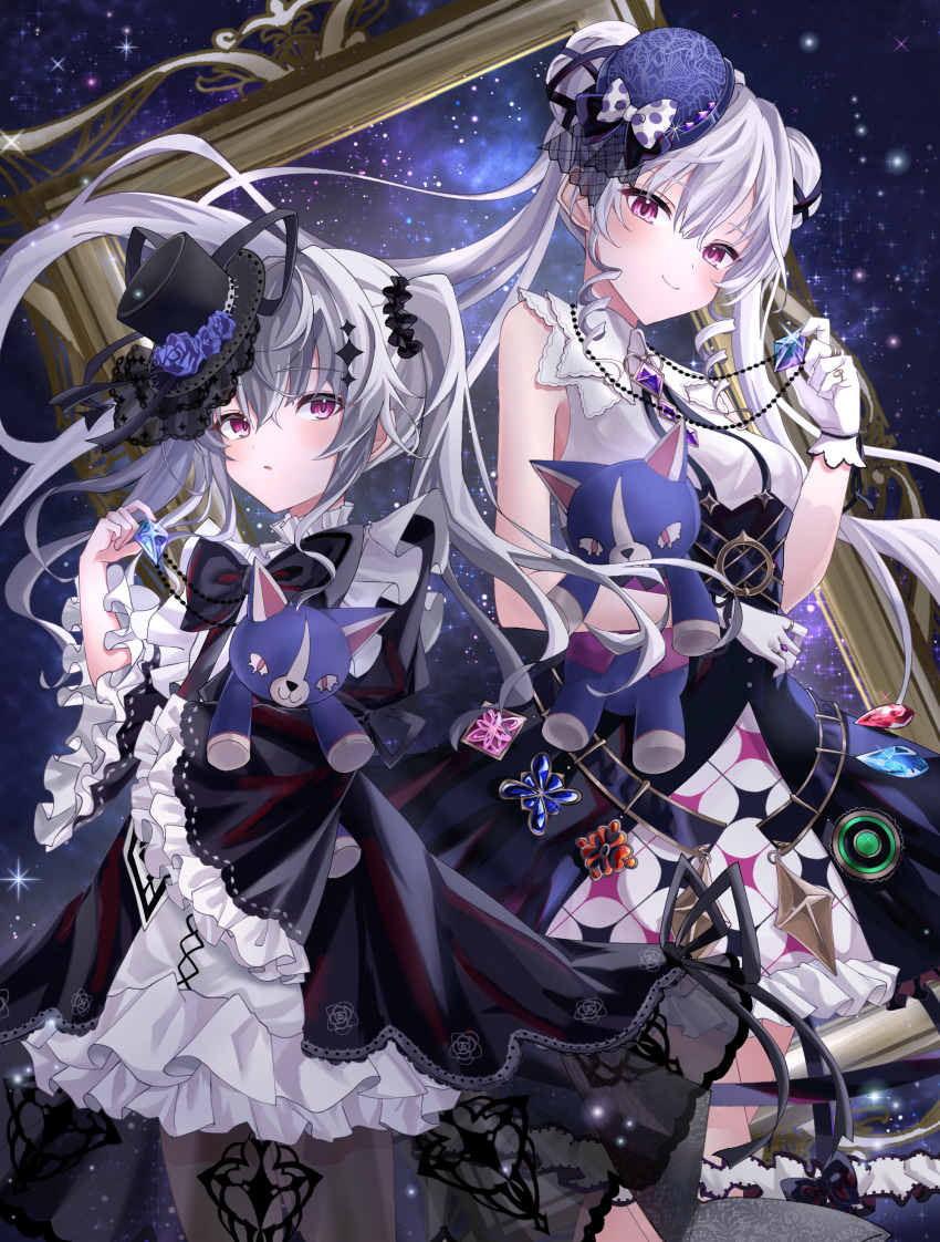 2girls, absurdres, acid_(maimai), age_comparison, black_bow, black_bowtie, black_dress, black_hat