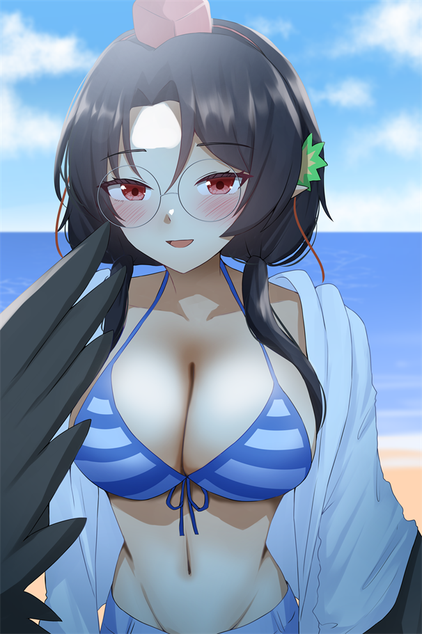 1girl, bikini, bird_legs, black_feathers, black_hair, black_wings, blue_bikini, blush