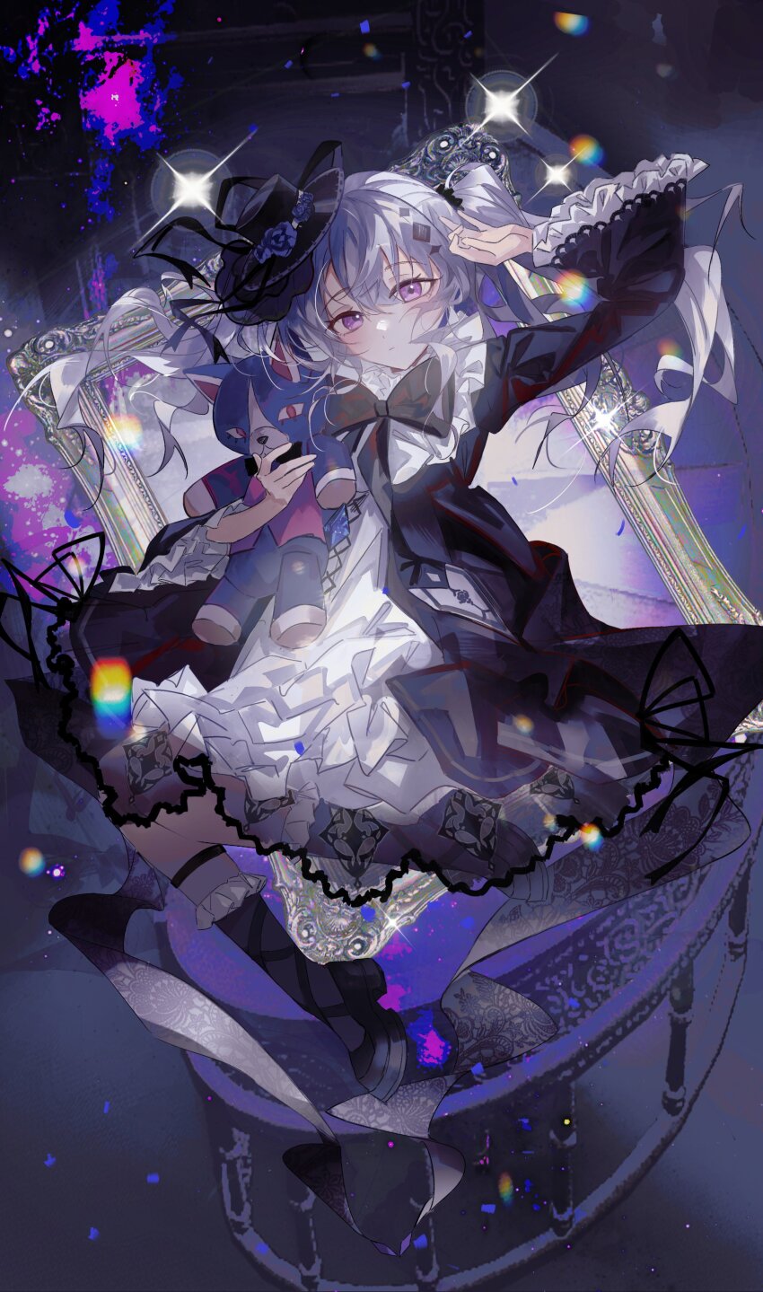 1girl, absurdres, acid_(maimai), arm_up, axleaki, black_bow, black_bowtie, black_dress, black_hat, block_heels, blush, boater_hat, boots, bow, bowtie, dress, floral_print, flower, frilled_dress, frills, full_body, gothic_lolita, grey_hair, hair_between_eyes, hair_ornament, hat, highres, hugging_doll, hugging_object, lace-up_boots, layered_dress, lolita_fashion, long_sleeves, maimai_(game), picture_frame, purple_eyes, purple_flower, purple_rose, rose, rose_print, see-through_dress_layer, solo, thigh_strap, twintails, white_dress