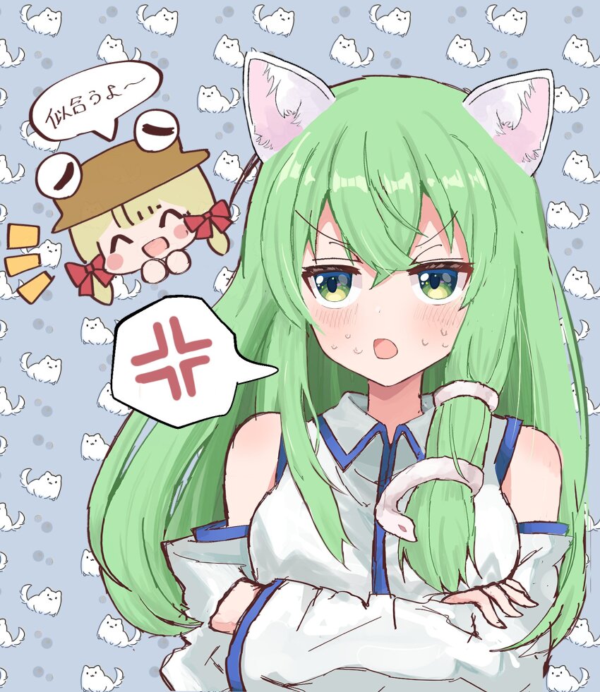 2girls, anger_vein, animal_background, animal_ears, annoyed, arms_under_breasts, bare_shoulders, bow