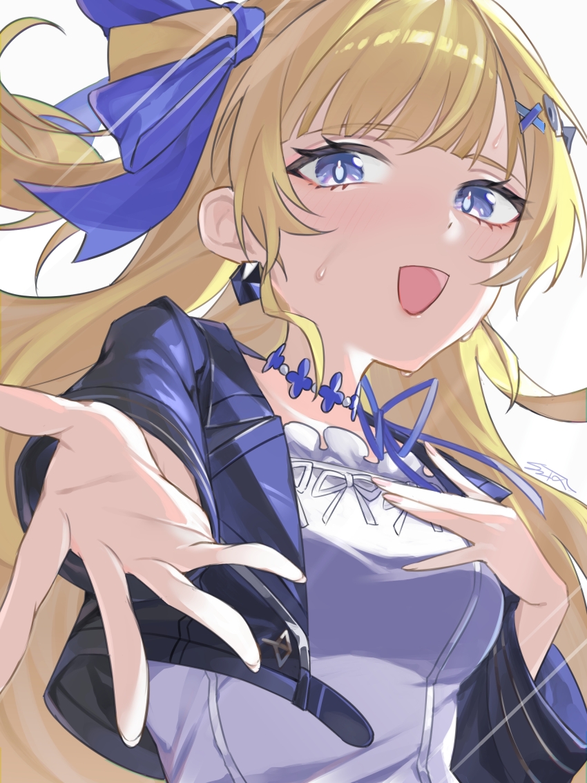 1girl, absurdres, blonde_hair, blue_eyes, blue_jacket, breasts, commentary, fingernails