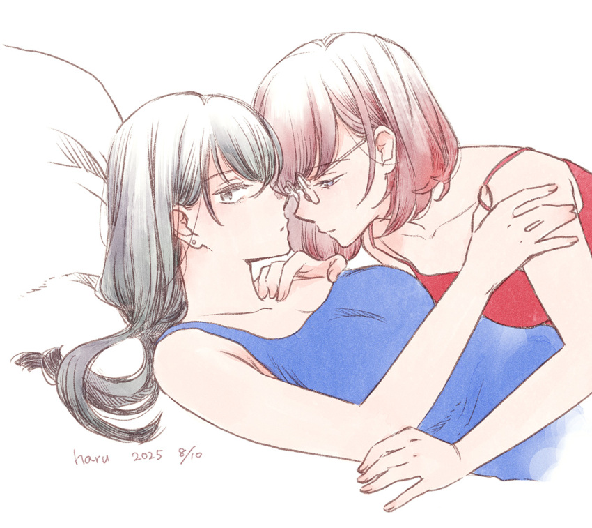 2girls, akiyama_haru, artist_name, black_hair, breasts, brown_hair, cleavage, collarbone