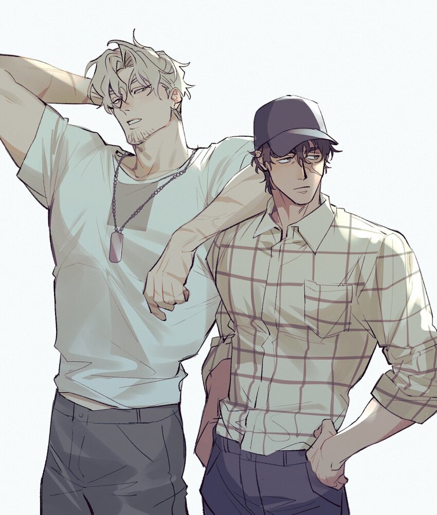 2boys, alien_stage, arm_on_another's_shoulder, baseball_cap, beard_stubble, black_hat, blonde_hair, brown_hair
