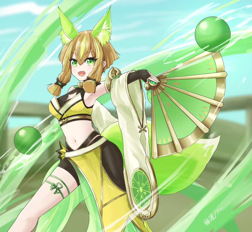 1girl, animal_ear_fluff, animal_ears, anmo_nomi, arm_up, armpits, asymmetrical_legwear, blonde_hair, breasts, crop_top, detached_sleeves, duel_monster, fox_ears, fox_girl, fox_tail, green_eyes, green_nails, hair_between_eyes, hand_fan, highres, holding, holding_fan, hu-li_the_jewel_mikanko, long_sleeves, medium_breasts, midriff, navel, sidelocks, solo, stomach, tail, yu-gi-oh!
