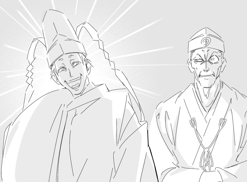 2boys, facial_hair, glowing, goatee, grey_background, greyscale, highres, japanese_clothes