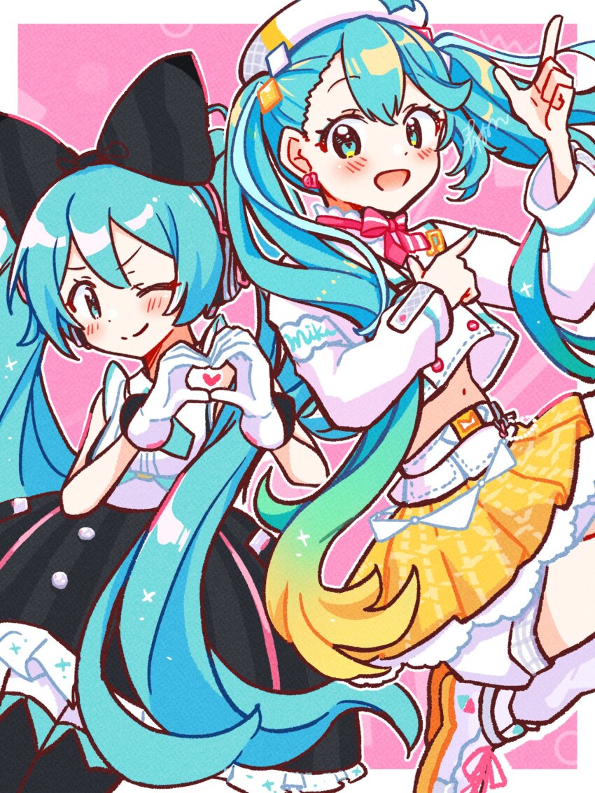 2girls, aoiyui, aqua_eyes, aqua_hair, aqua_nails, belt, beret, black_bow