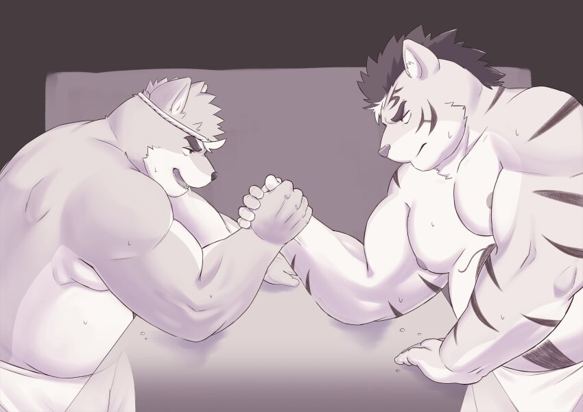 2boys, absurdres, animal_ears, arm_wrestling, bara, bare_pectorals, belly, biceps