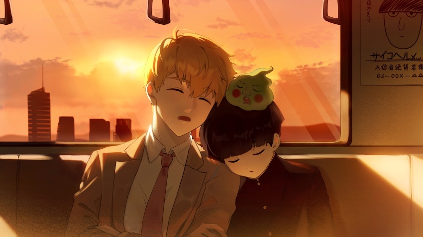 2boys, absurdres, black_hair, black_jacket, blonde_hair, blunt_bangs, blush_stickers, bowl_cut