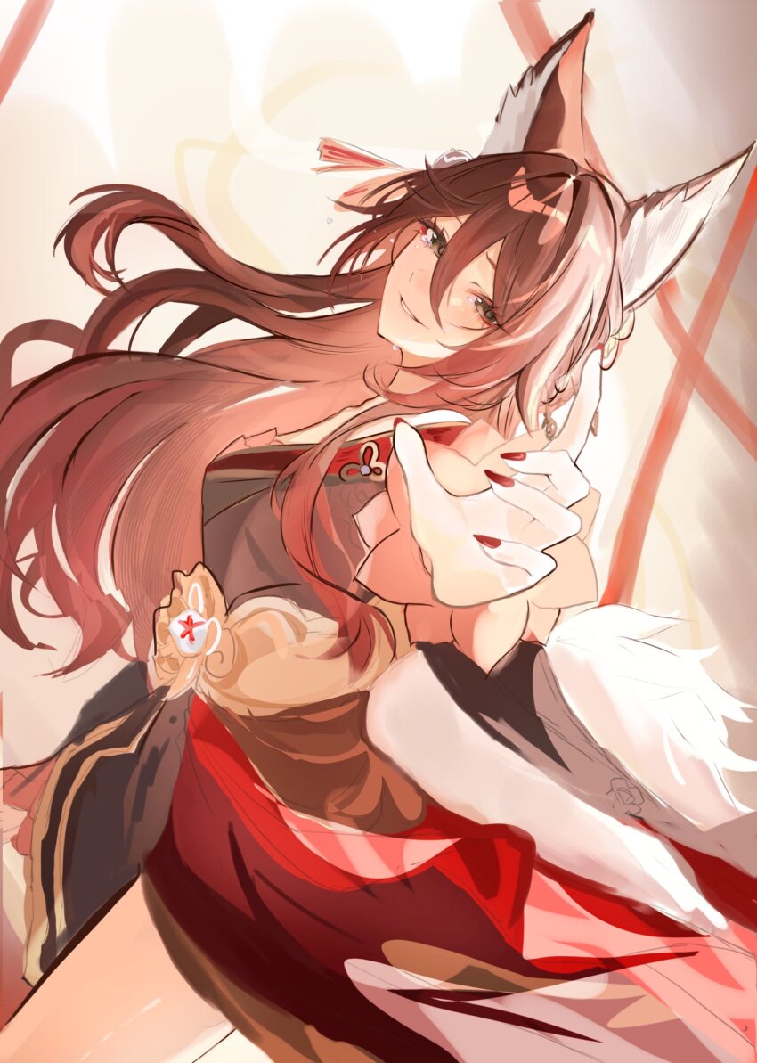 1girl, animal_ears, artist_collaboration, black_dress, brown_hair, commentary_request, dress, fox_ears