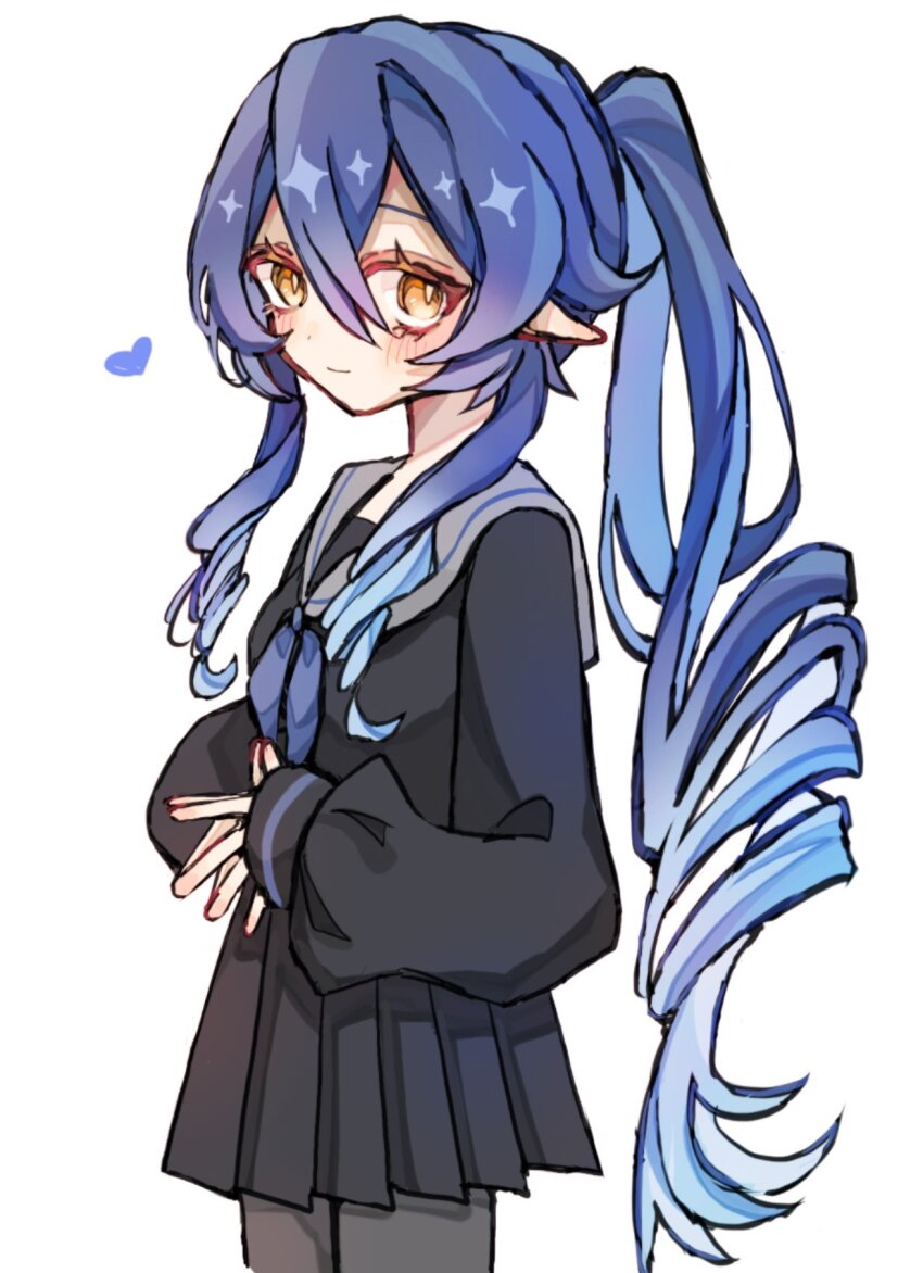 1girl, alternate_costume, black_shirt, black_skirt, blue_hair, blue_neckerchief, drill_hair, genshin_impact