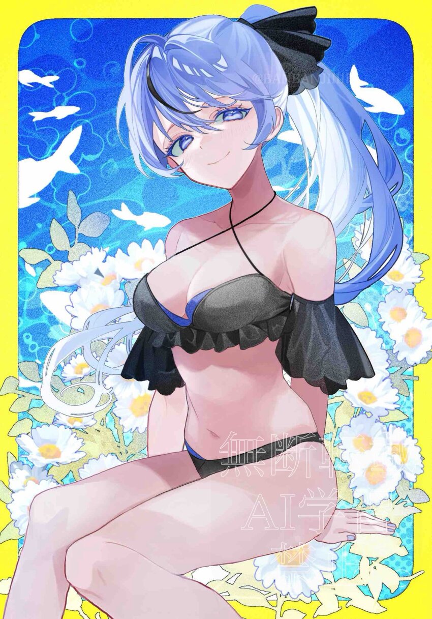1girl, banbanjiiiiiii, bikini, black_bikini, black_ribbon, blue_bikini, blue_eyes, blue_hair